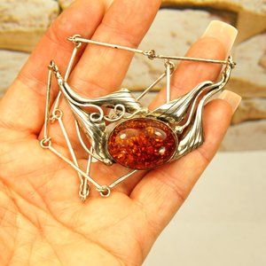 AMBER 925 SILVER LINK NECKLACE 17 in, Art Nouveau jewelry, Gift for women